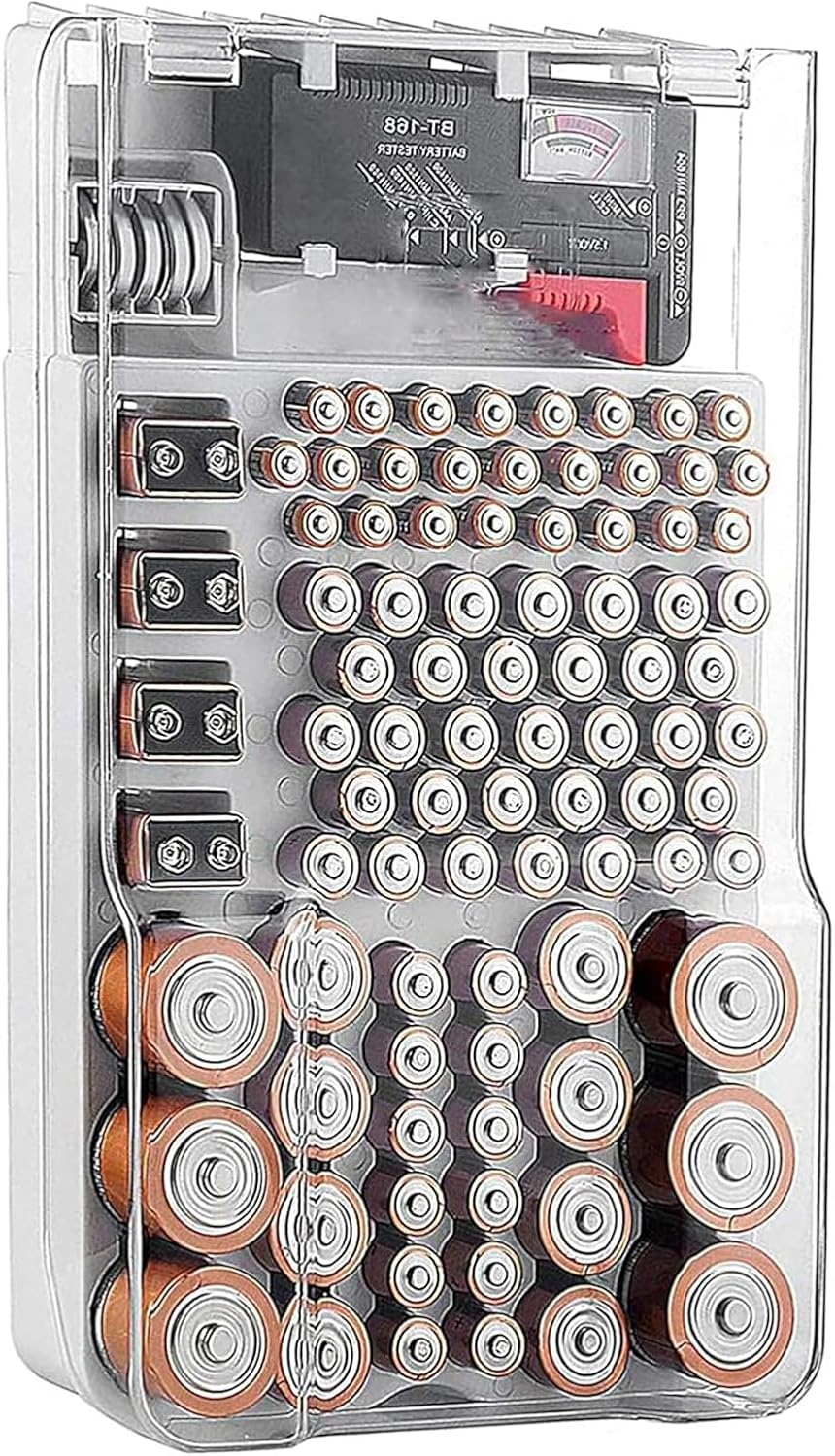 Battery Organizer Storage Box with Tester, Clear Lid Battery Organizer Storage Case, Holder Battery Carrying Case（Batteries are Not Included）
