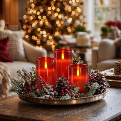 Homemory Green Glass Flameless Candles, Battery Operated LED Pillar Candles with Remote Control and Timer, Radiance Candles, Real Wax, Set of 3,D3 xH4 5" 6"