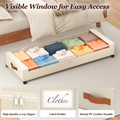 Yecaye Under Bed Storage with Wheels, 2 Pack Under Bed Storage Containers, 60L Underbed Shoe Storage with Clear Window & Label, Rolling Under Bed Metal Drawer for Clothes, Shoes, Books, Blankets