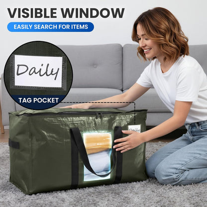 TAILI Extra Large Moving Bags, 4 Pack Blue Heavy Duty Totes For Storage with Visible Window, Wrap Around Handles, Storage Bags for Space Saving, Alternative to Moving Boxes