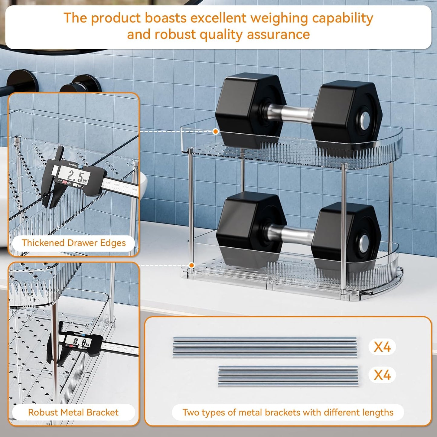 2 Pack 3 Tier Large Pull Out Bathroom Organizers and Storage,13.8″ Deep Sliding Kitchen Under Sink Organizer for Cleaning Products Storage,Acrylic Clear Bathroom inder Sink Organizer,Undersink Storage