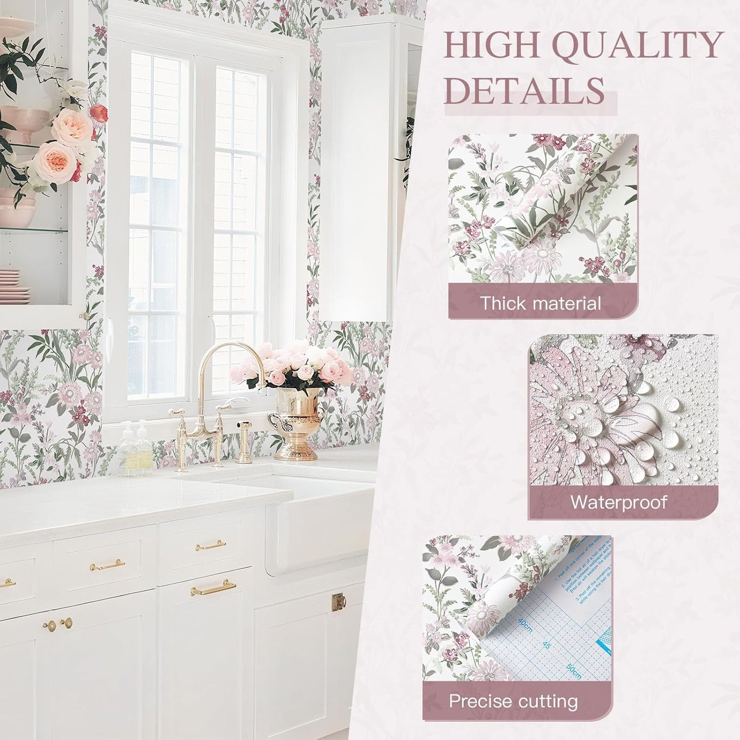 Dimoon 17.3''x78.7'' Vintage Peel and Stick Wallpaper Boho Beige Neutral Contact Paper White Floral Bird Wallpaper Removable Botanical Renter Friendly Modern Wall Paper Bedroom Bathroom Vinyl Roll