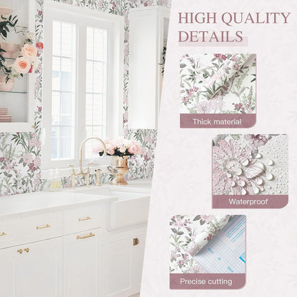 Dimoon 17.3''x78.7'' Vintage Peel and Stick Wallpaper Boho Beige Neutral Contact Paper White Floral Bird Wallpaper Removable Botanical Renter Friendly Modern Wall Paper Bedroom Bathroom Vinyl Roll