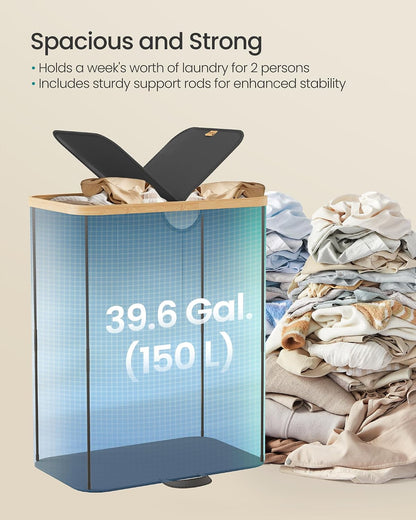 SONGMICS Laundry Hamper, Laundry Sorter with Lid, Storage Basket Bin, Removable Liners, Bamboo Frame, for Bedroom, 3 Sections, 44.9 Gal. (170 L), Ink Black ULCB533BH01