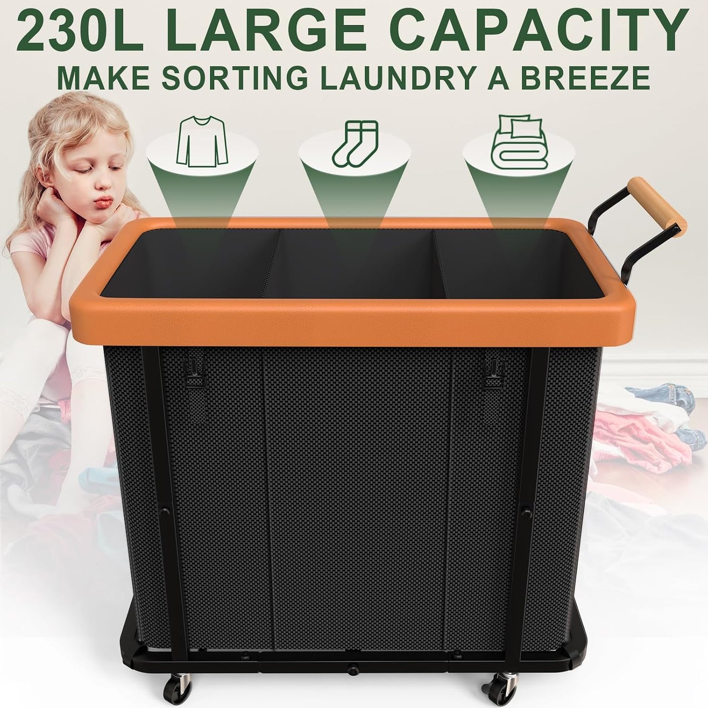 230L (60 Gal) Extra Large Fashion Laundry Sorter 3 Section with Lid, Rolling Laundry Basket Hamper with Handle, Laundry Organizer Storage Cart with Sturdy Metal Frame for Laundry Room, Hotel, White