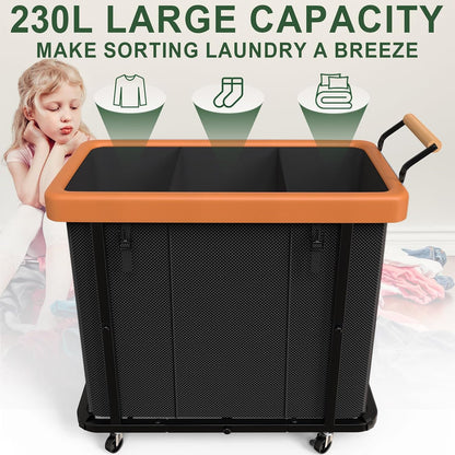230L (60 Gal) Extra Large Fashion Laundry Sorter 3 Section with Lid, Rolling Laundry Basket Hamper with Handle, Laundry Organizer Storage Cart with Sturdy Metal Frame for Laundry Room, Hotel, White