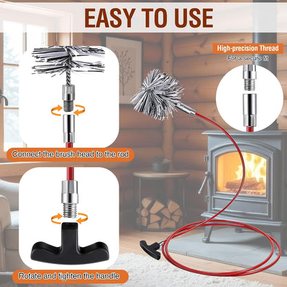 Feekoon Pellet Stove Cleaning Kit, 10 FT Flexible Steel Rod with 3" Brush Head, Flue Detail Cleaner, Pellet Stove Accessories for Vent Pipes Cleaning - Reduce Buildup & Improve Airflow