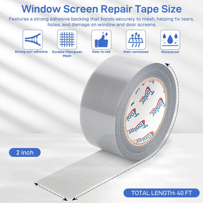 Window Screen Repair Tape 2 in x 40 FT Fiberglass Strong Adhesive Screen Patch, Waterproof Mesh Repair Kit for Window & Door Screen Holes Tears - Gray