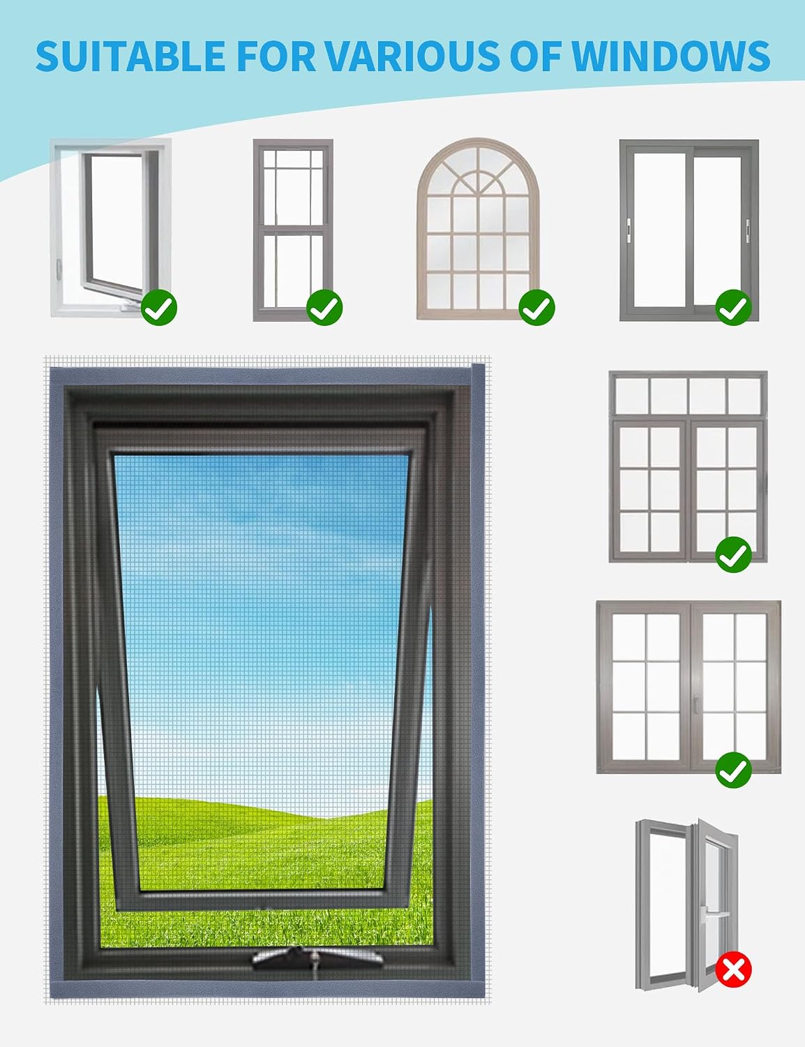 Homealexa DIY Window Screen Kit, Max 51"x 59" Adjustable Mosquito Mesh with Reinforced Edge, Thick Self-Adhesive Temporary Nylon Window Screens Replacement
