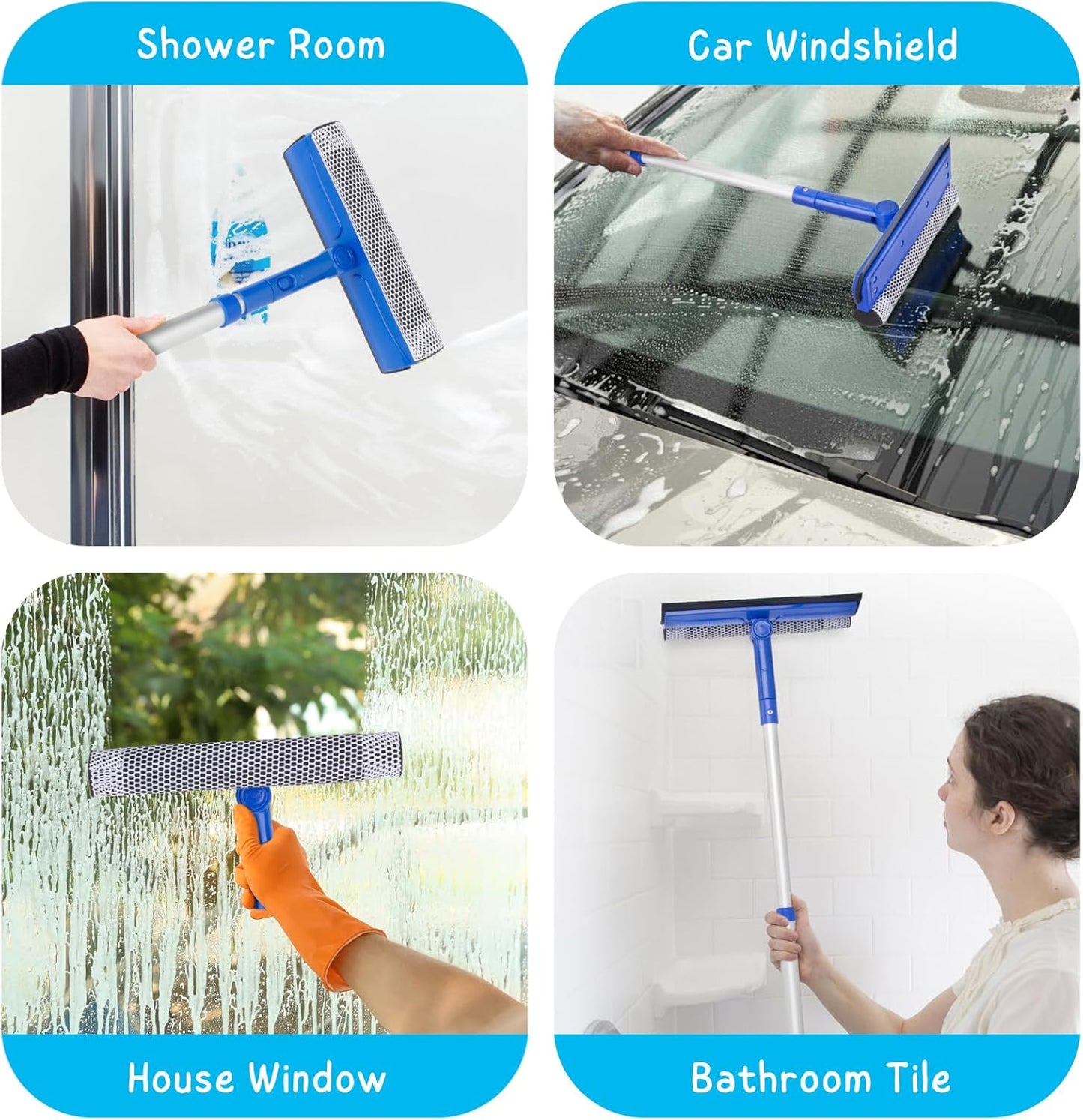 Window Squeegee for Home, Car Windshield Cleaner Tool with Extension Pole 20''-30'', Glass Door and Mirror Washer for Shower Cleaning