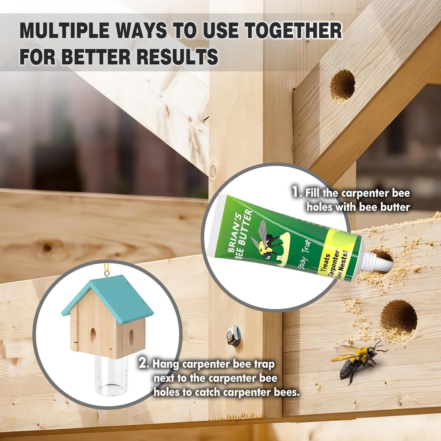 Carpenter Bee Trap for Outside - Best Bee Trap - Blue Cabin Style Nature Hanging Wood Carpenter Bee Traps Outdoor - Insect Traps with Removable Vault (2 Pack)
