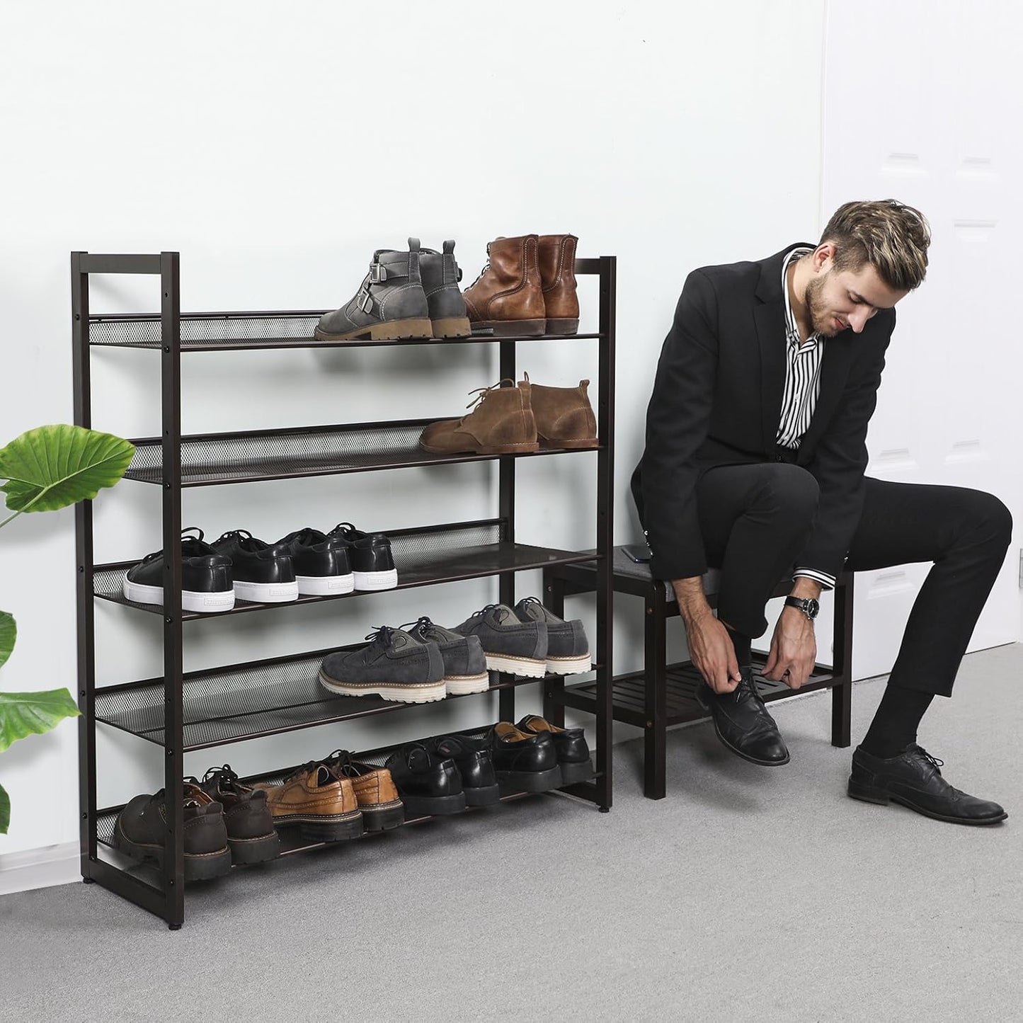 SONGMICS Shoe Rack, 12-Tier Shoe Organizer, Metal Shoe Storage for Garage, Entryway, Set of 2 6-Tier Stackable Shoe Shelf, with Adjustable Flat or Angled Shelves, Holds 48-60 Pairs, Black ULMR12B