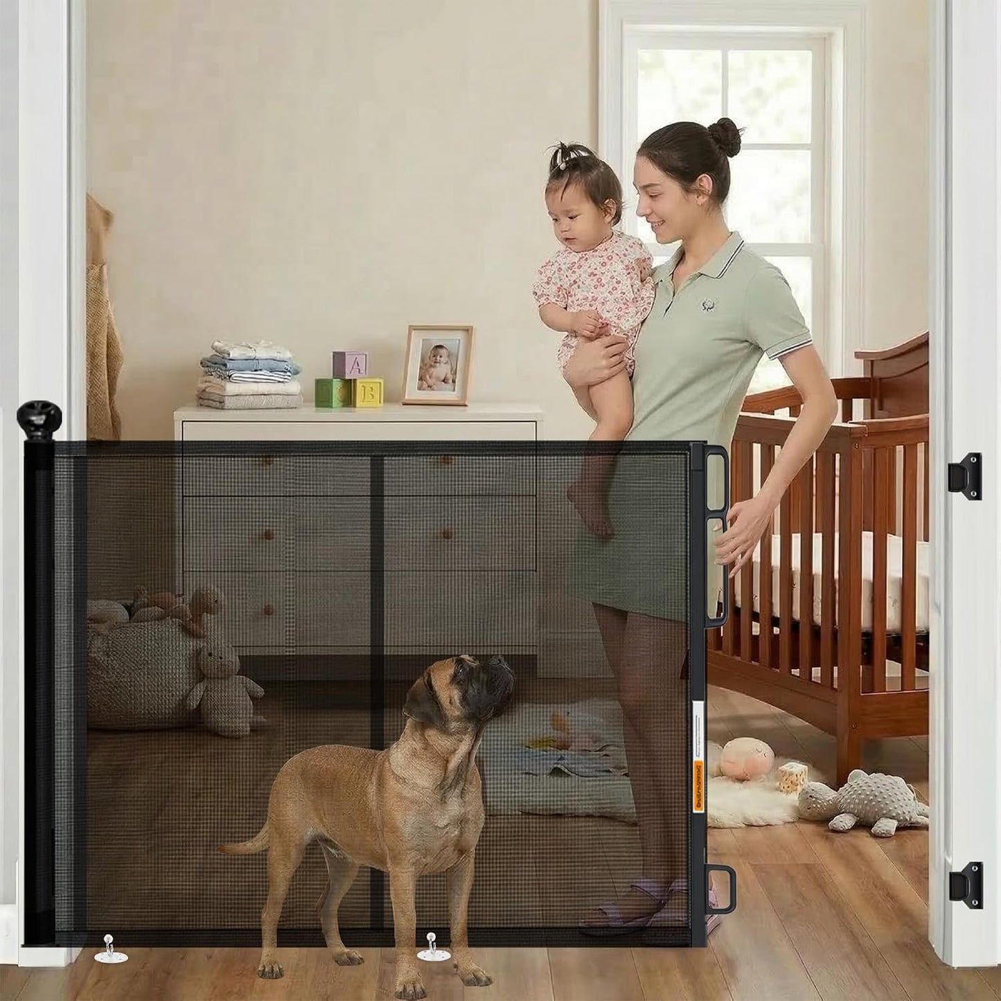 Retractable Baby Gate - 72" Wide Mesh Dog Gate with Support Rods - 34" Tall for Stairs, Doorways, Hallways - Drill or No-Drill - Pet & Cat Gate - Outdoor/Indoor (White, 5.91 Feet)
