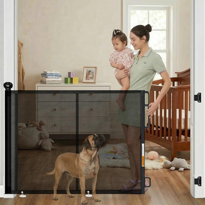 Retractable Baby Gate - 72" Wide Mesh Dog Gate with Support Rods - 34" Tall for Stairs, Doorways, Hallways - Drill or No-Drill - Pet & Cat Gate - Outdoor/Indoor (White, 5.91 Feet)