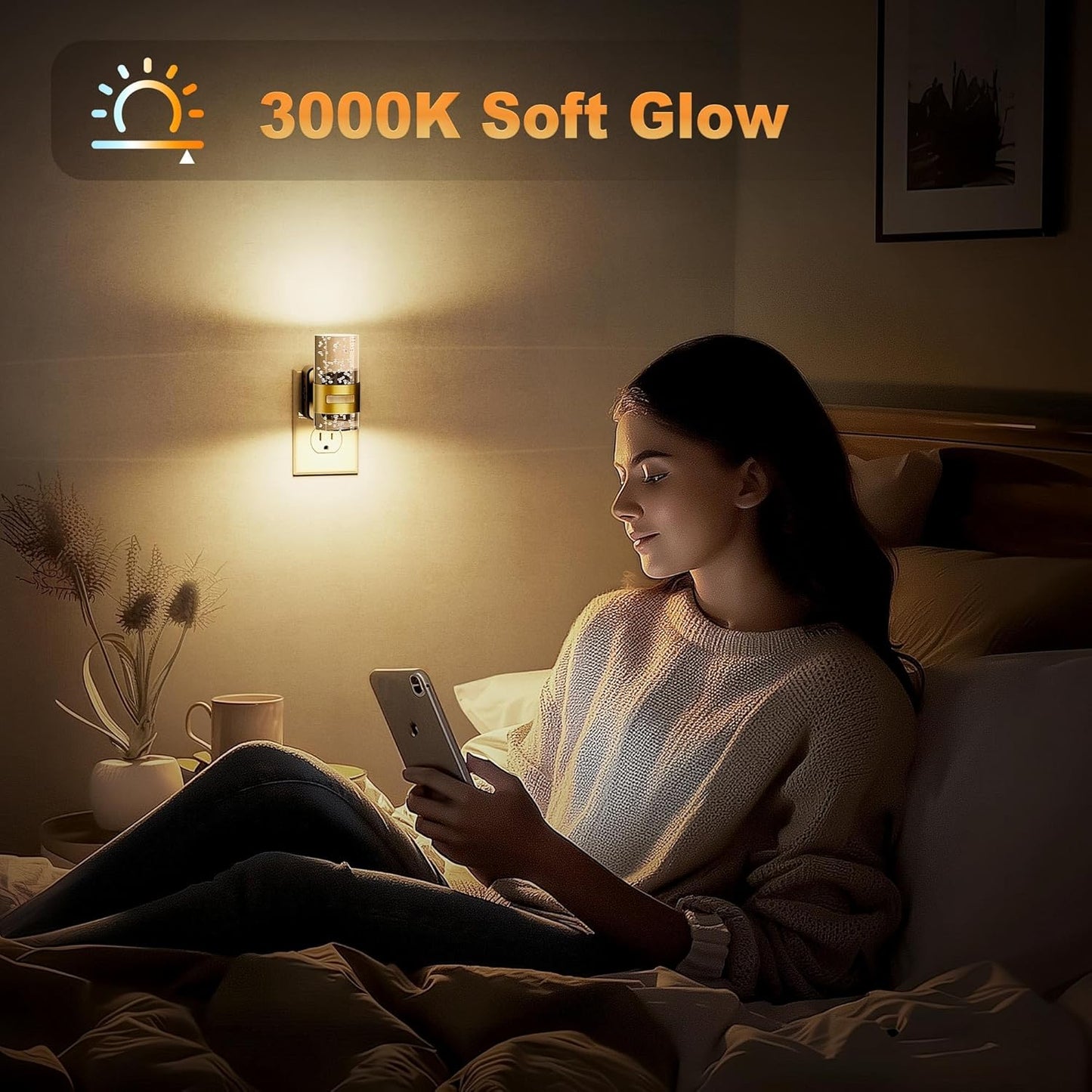 JandCase Motion Sensor Night Light, Night Lights Plug into Wall,3000K Soft White 0-100 LM Dimmable LED Night Light, Motion Activated Nightlight for Bathroom Hallway Decor