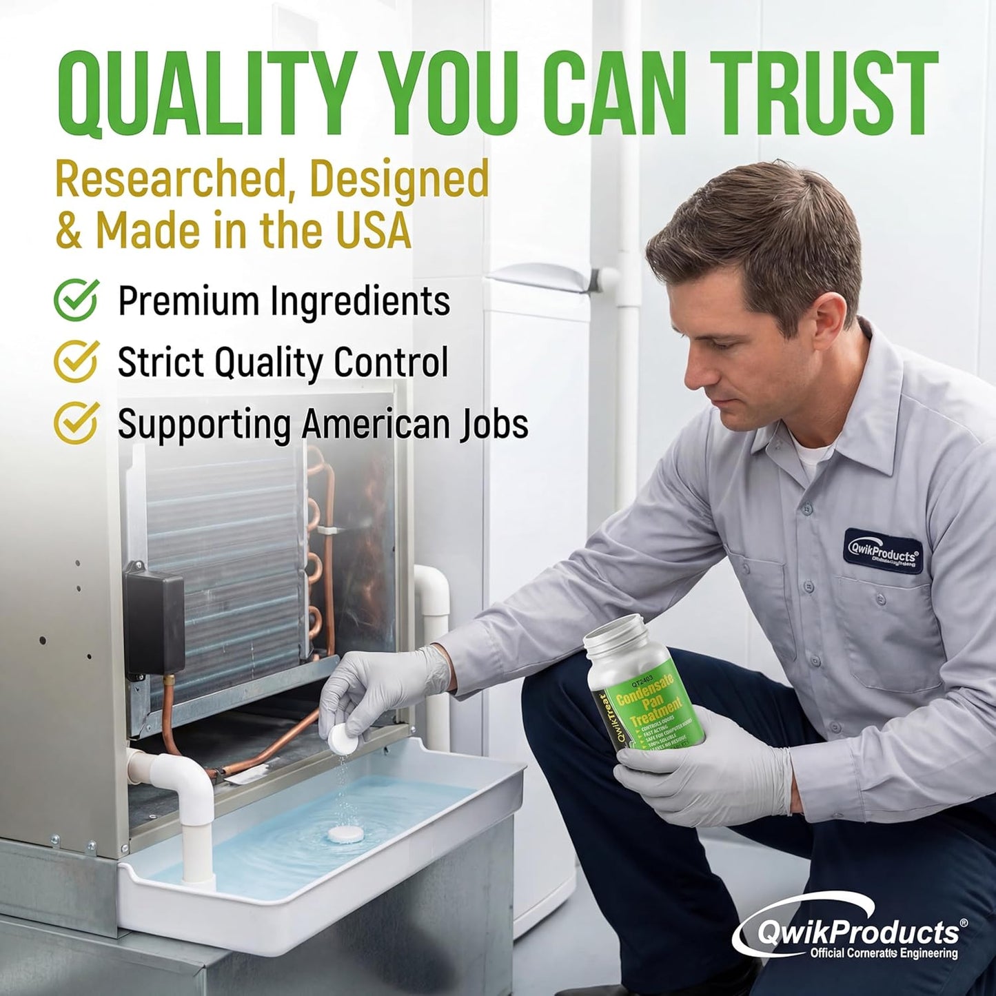 QwikTreat AC Pan Tablets & HVAC Drain Line Cleaner | Condensate Drain Pan Treatment Tabs | Remove Air Conditioner Pipe Clogs, Algae, & Control Odors for Effective Maintenance (100 Tabs)