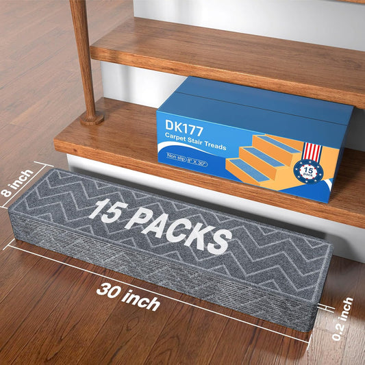 DK177 Stair Treads for Wooden Steps, 15 Pack 8"x30" Non-Slip Indoor Carpet Stair Treads with Reusable Polyester TPE Backing for Kids Elders and Pets (Dark Gray, 15PCS)