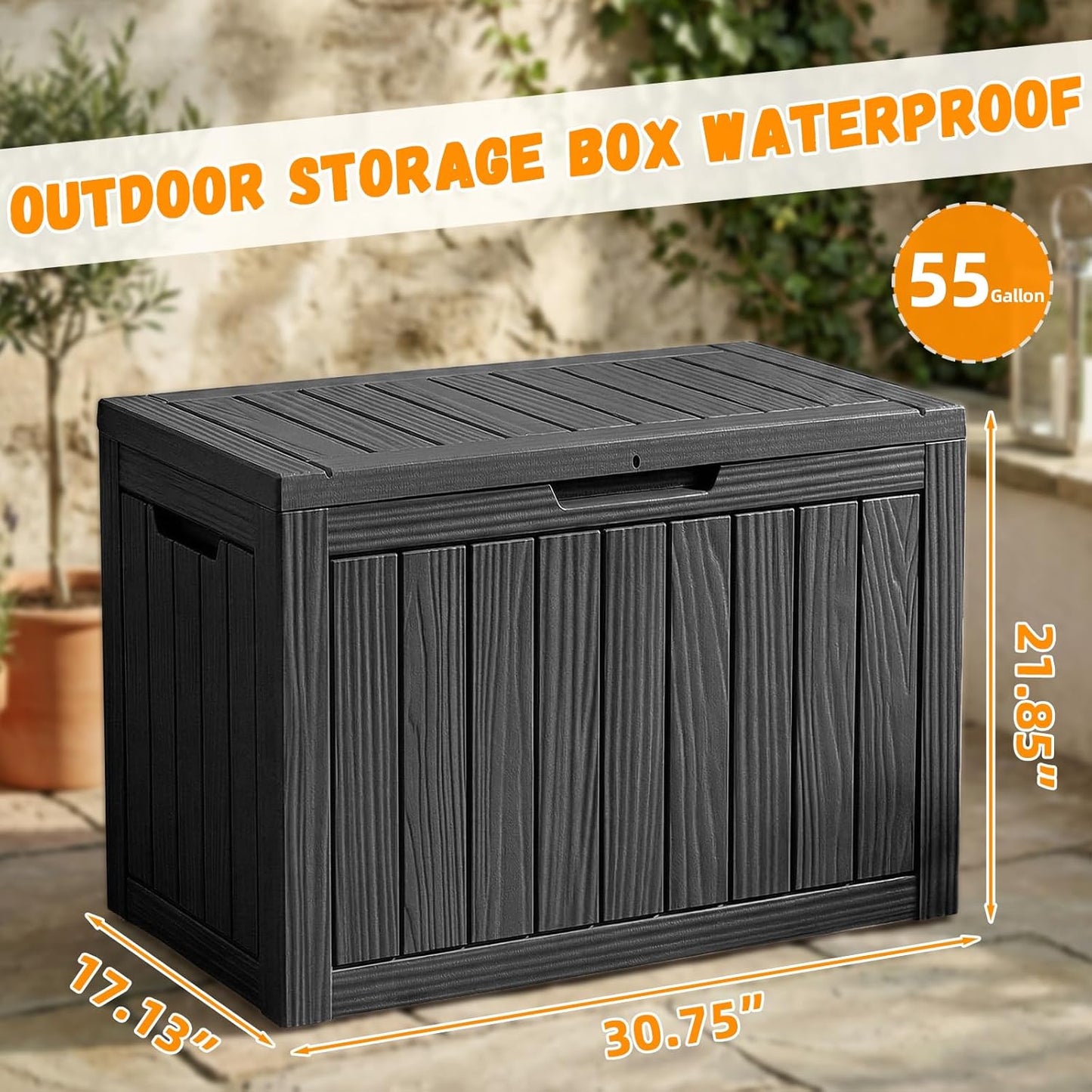 ROJIK 55Gal Outdoor Storage Box Waterproof Deck Box | Heavy-duty UV-resistant resin, space-saving for balcony/patio, stores cushions/tools/pool gear, lockable lid as table/bench