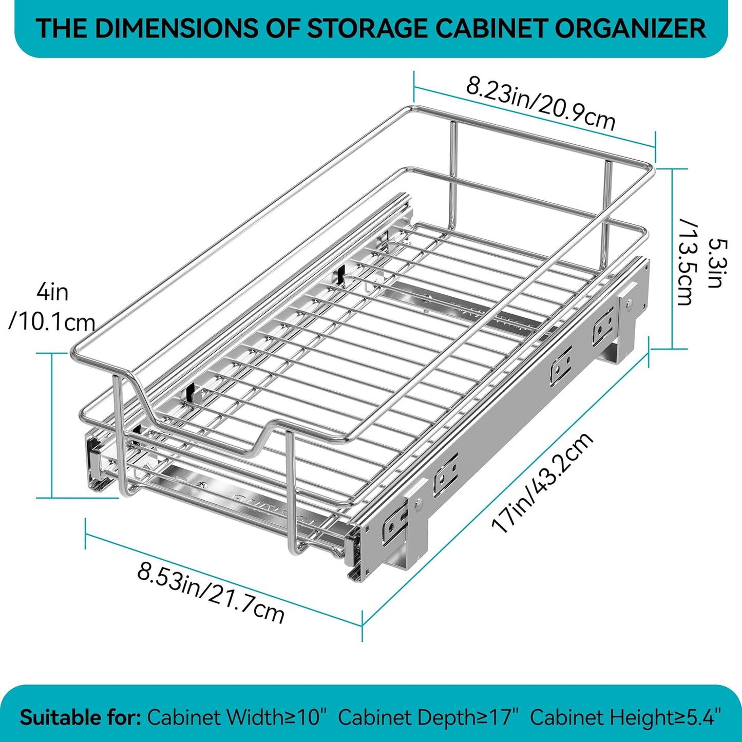 2 Tier Pull Out Cabinet Organizer 11" W X 22" D, Slide Out Drawers For Kitchen Cabinets, Pull Out Drawers For Cabinets Capacity Heavy Duty Caddy, Cabinet Pullout Shelves Chrome-Plated, Bathroom Pantry