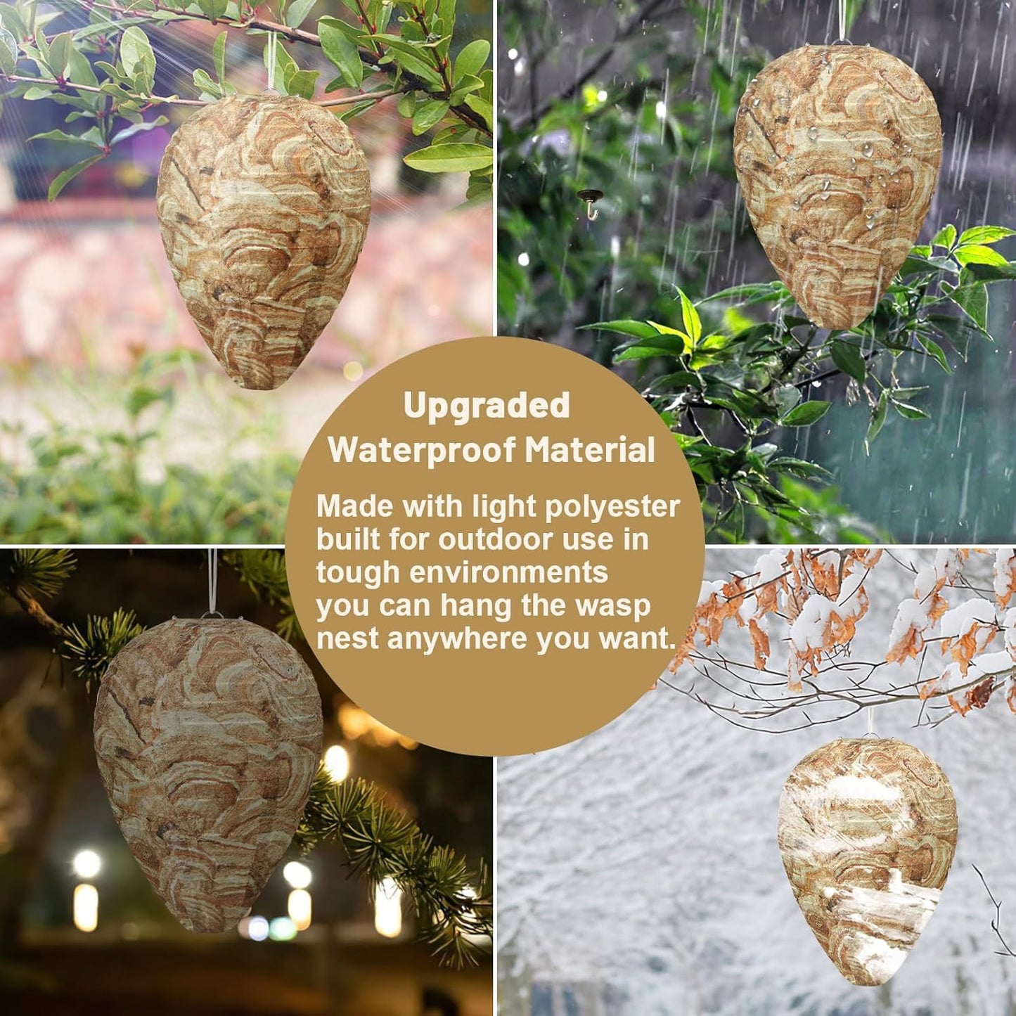 DECYOOL 2 Pack Fake Wasp Nest Decoy Outdoor Waterproof Material | Waterproof Material, Eaves/Garbage/Pool Areas, Territorial Hive Mimicry, Includes 2 Hanging Ropes for Easy Setup