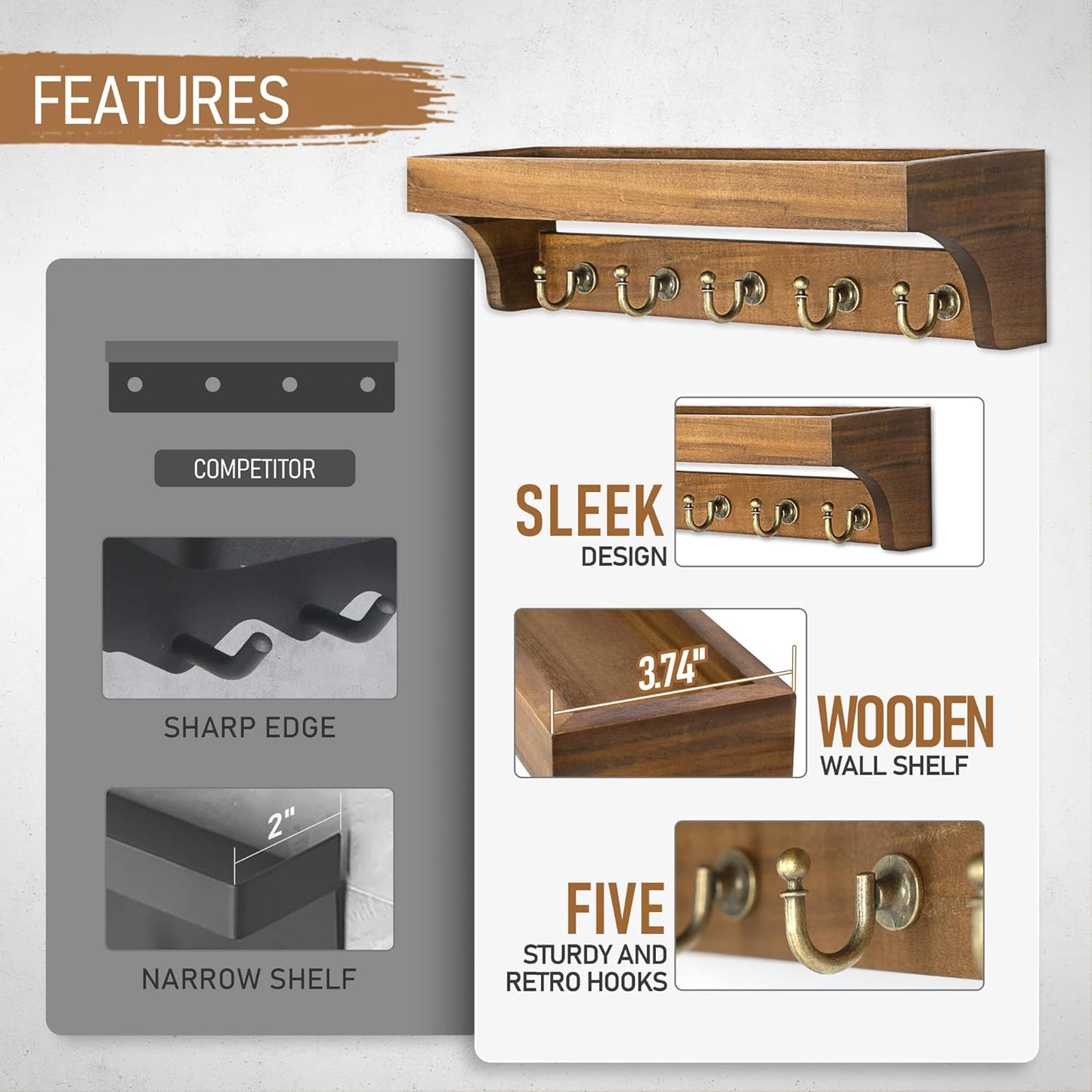 Rebee Vision Farmhouse Key Holder for Wall - Decorative Wooden Mail Organizer with 5 Rustic Key Hooks and Floating Shelf for Home Decor, Hallway, Entryway, Appartment (Retro Brown)