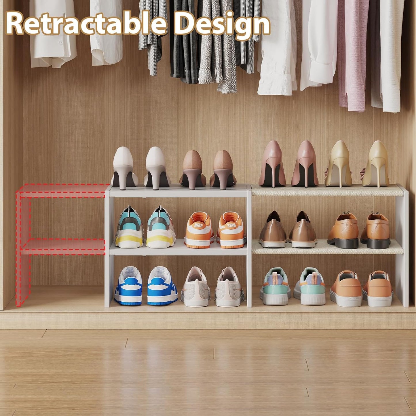 X-cosrack 2 Pack 2-Tier Shoe Rack Organizer for Closet, Expandable and Adjustable White Shoe Rack, Stackable Iron Wood Combination Shoe Storage Shelves for Closets, Entryway, Small Space, Garage