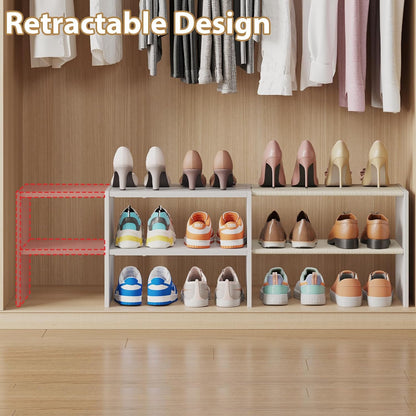 X-cosrack 2 Pack 2-Tier Shoe Rack Organizer for Closet, Expandable and Adjustable White Shoe Rack, Stackable Iron Wood Combination Shoe Storage Shelves for Closets, Entryway, Small Space, Garage
