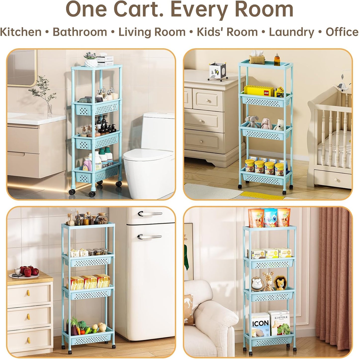 Slim 4 Tier Rolling Storage Cart Narrow Bathroom Organizer on Wheels Blue | 6.7" wide for tight bathroom/kitchen gaps, extra-tall tier, 360° casters, quick-dry shelves, tool-free storage rack