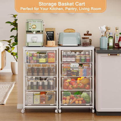 4 Tier Kitchen Rolling Cart, Kitchen Storage Cart with Wheels, Adjust Pantry Organizer and Storage Cart with Drawer, Fruit Vegetable Spice Storage Cart, Wooden Top Metal Kitchen Organizer Rack Stand