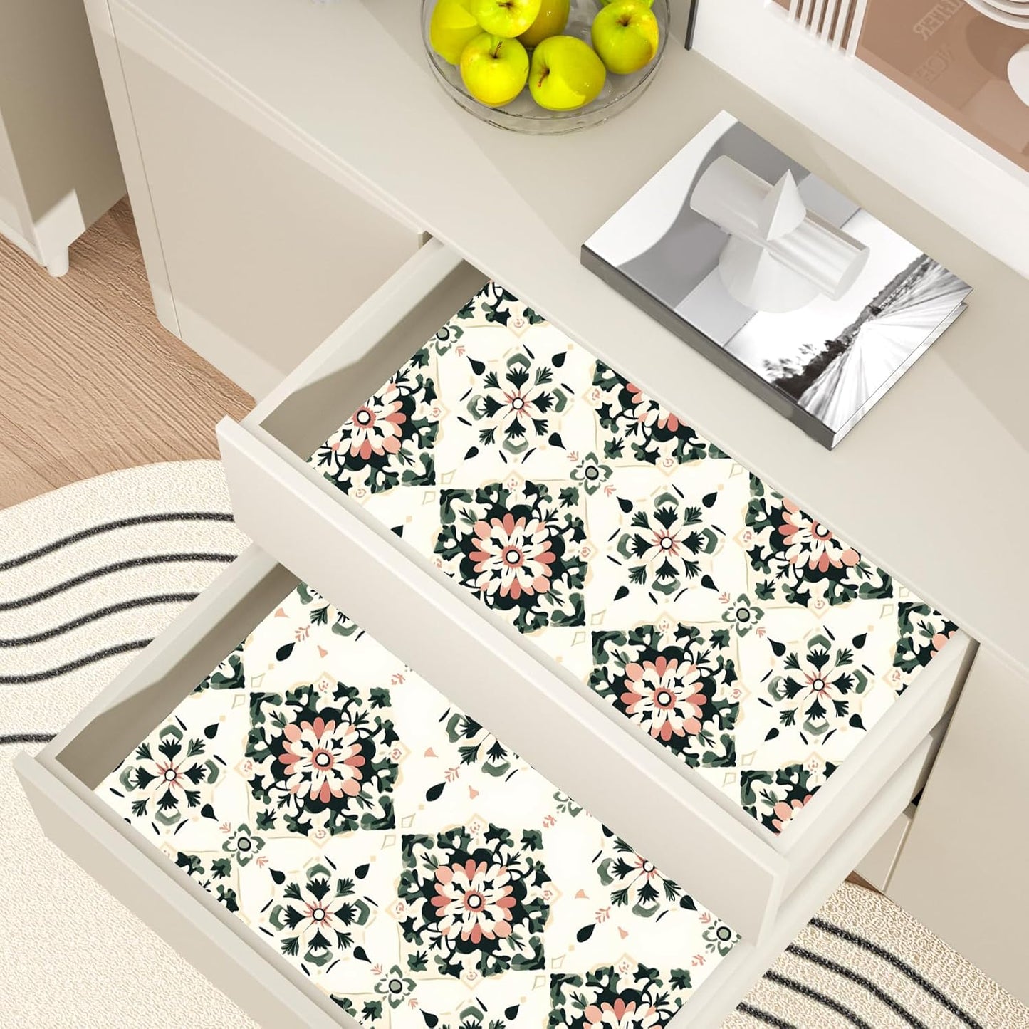 BOKEBEVE Leaves Contact Paper Floral Wallpaper Stick and Peel Boho Damask Wall Paper for Liner Drawer Cabinet Backsplash Renter Friendly Waterproof 17.5 x 118In