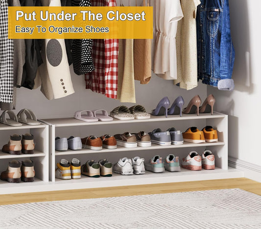 Cidaziya 2 Tier Small White Shoe Rack for Closet, Stackable Shoe Shelf Organizer for 9-12 Pairs of Shoes, Portable Wood and Cloth Structure, Small Shoe Storage Organizer, Size 28.5"* 11" * 13"