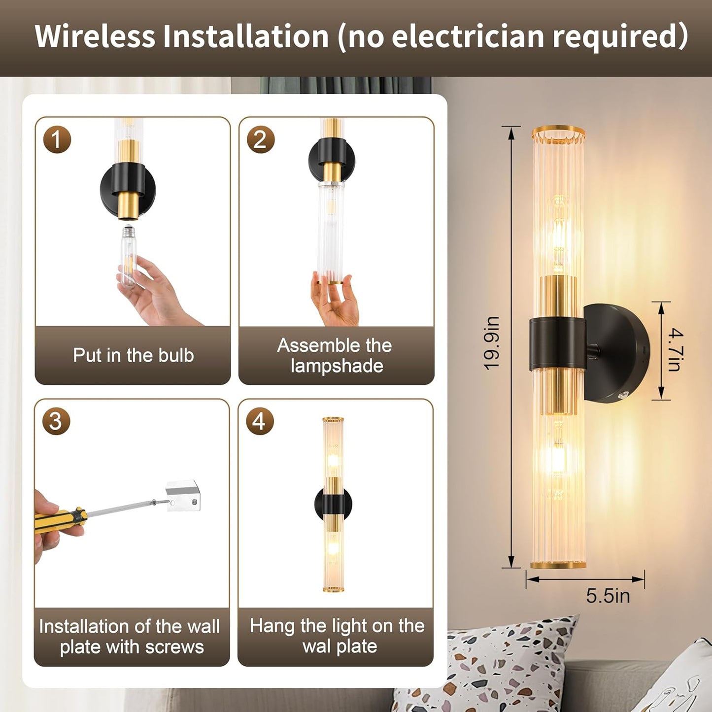Morauroral Gold Battery Operated Wall Sconces Set of Two, Rechargeable Wall Sconce with Dimmable Remote Control, 20 Inch Wireless Sconce Wall Light for Bedroom, Living Room (Bulbs Included)