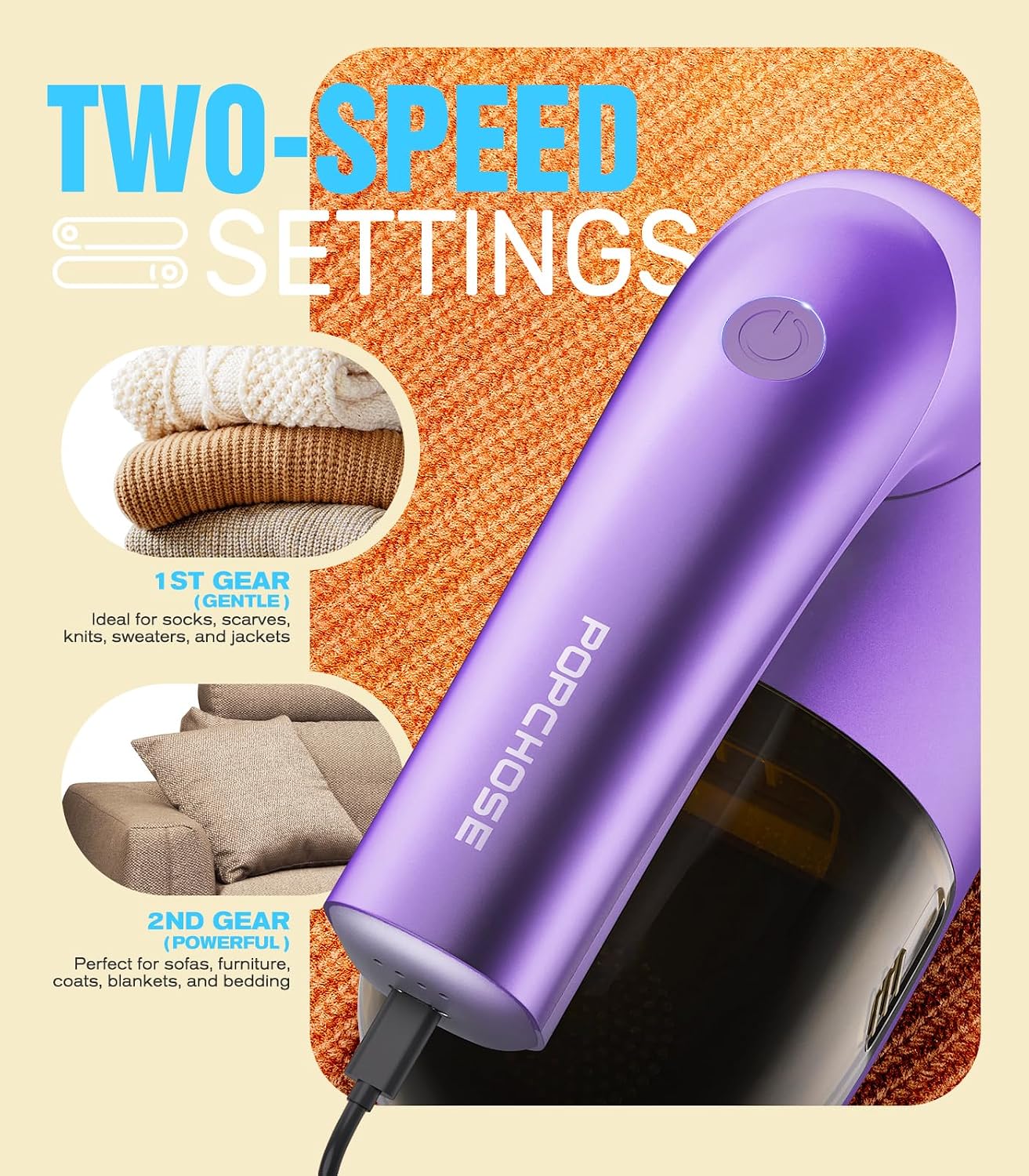 POPCHOSE Fabric Shaver, Lint Remover for Clothes, Lint Shaver with 6-Leaf Blades & 2 Speed, 2000mAh Rechargeable, Sweater Shavers to Remove Pilling, Electric Lint Remover for Couch, Furniture, Fuzz