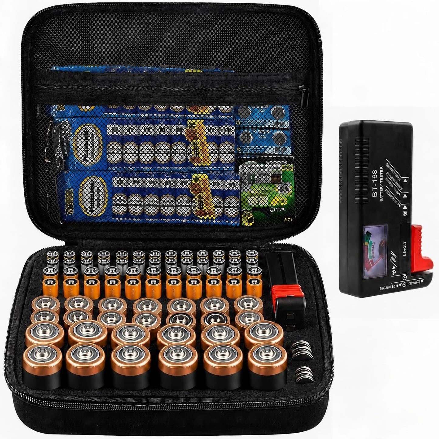 Comecase Battery Storage Case with Tester, Holds 148+ AA AAA C D 9V, Black | Hard-Shell Design, Carry Handle and Custom Foam Slots Keep Batteries Visible, Separated and Ready for Home, Garage or Office