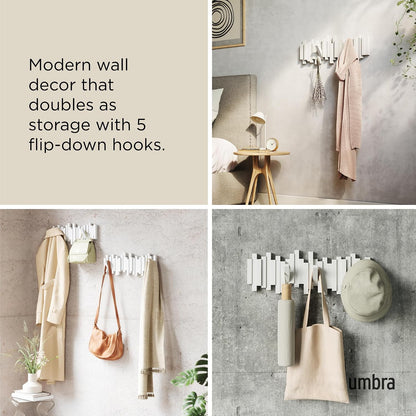Umbra Sticks Wall-Mounted Coat Rack Rail Hook with 5 Retractable Pegs – Modern, Space-Saving Storage Organizer, Black