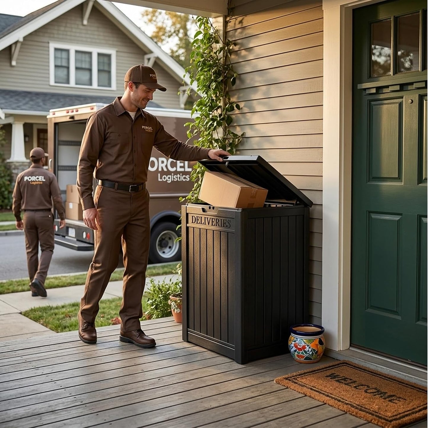 Package Delivery Box, Lockable Resin Outdoor Package, Waterproof Deck Box for Porches, Patios, Indoor & Outdoor Use (70 Gallon, Grey)