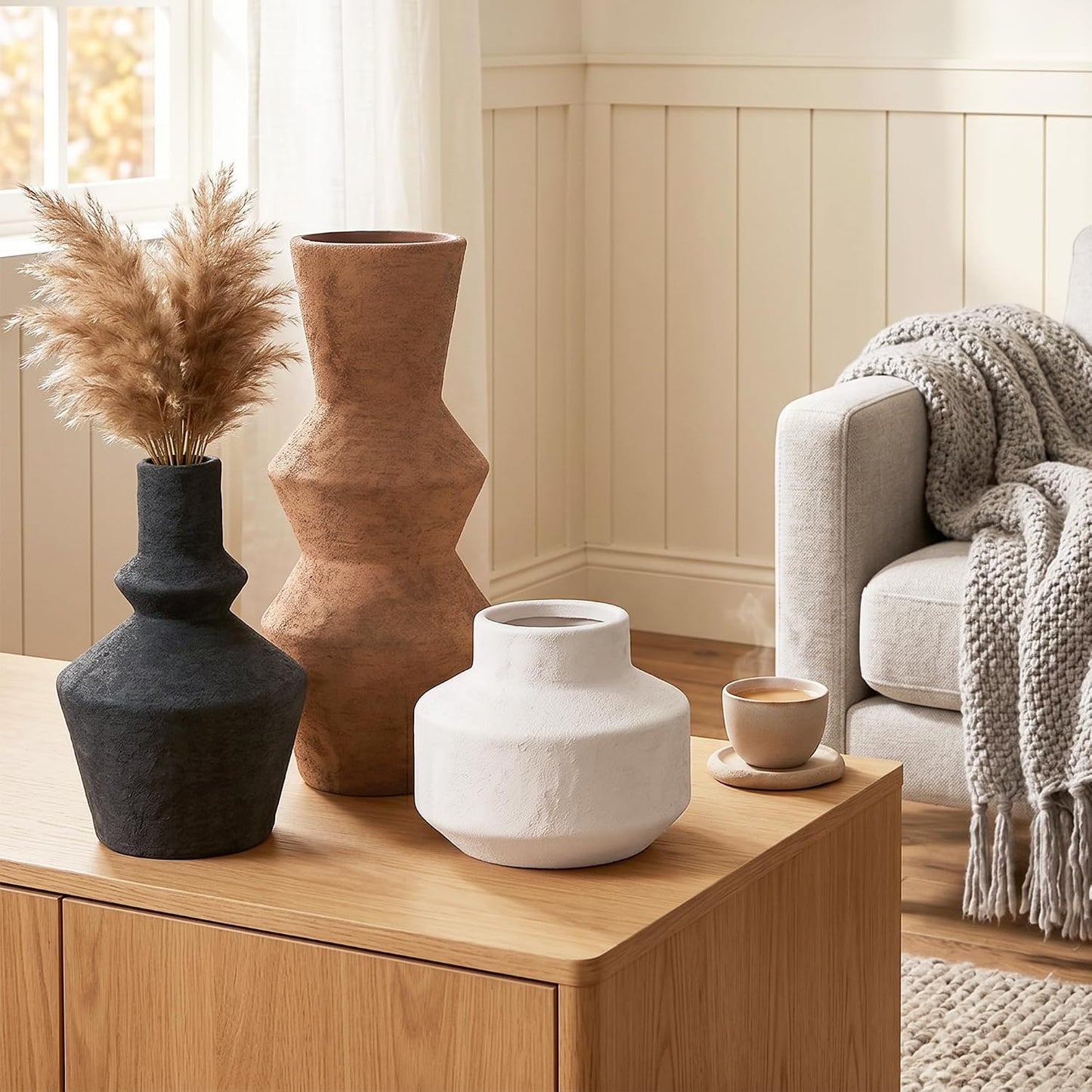 DREAMLOOM Ceramic Vase Set of 3, Modern Rustic Flower Vases for Pampas Grass, Dried & Fresh Flowers, Farmhouse Home Decor Vase for Living Room Bedroom Kitchen Shelf Centerpiece, Classic