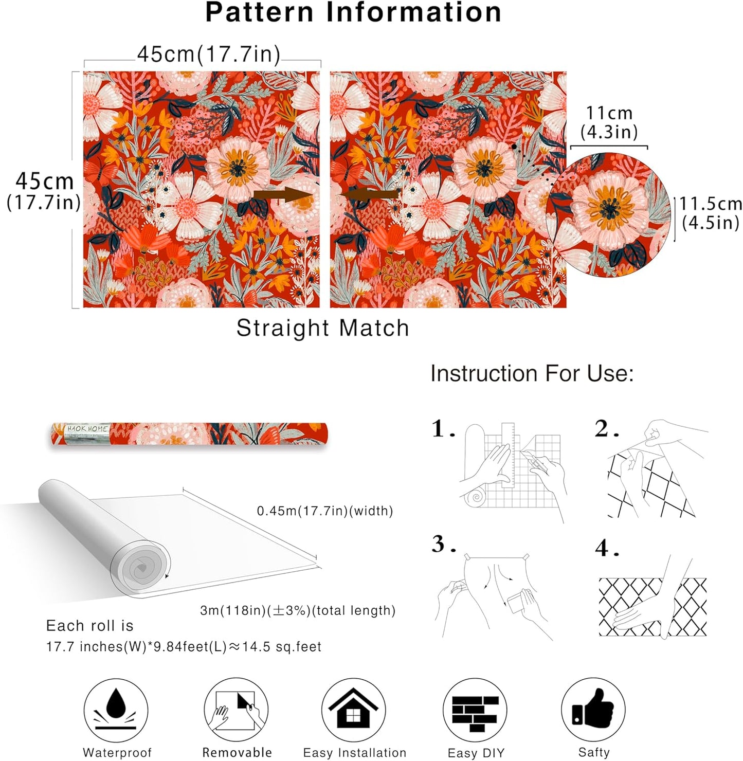 HAOKHOME Boho Peel and Stick Wallpaper Floral Wall Paper Removable for Bedroom Navy/Pink/Orange Contact Paper 17.7in x 9.8ft