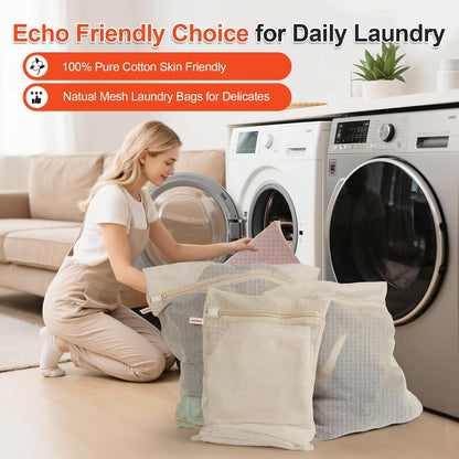 MADIKA 100% Cotton Mesh Laundry Bags, Organic Cotton Laundry bags, No Dye, Set of 4, Natural