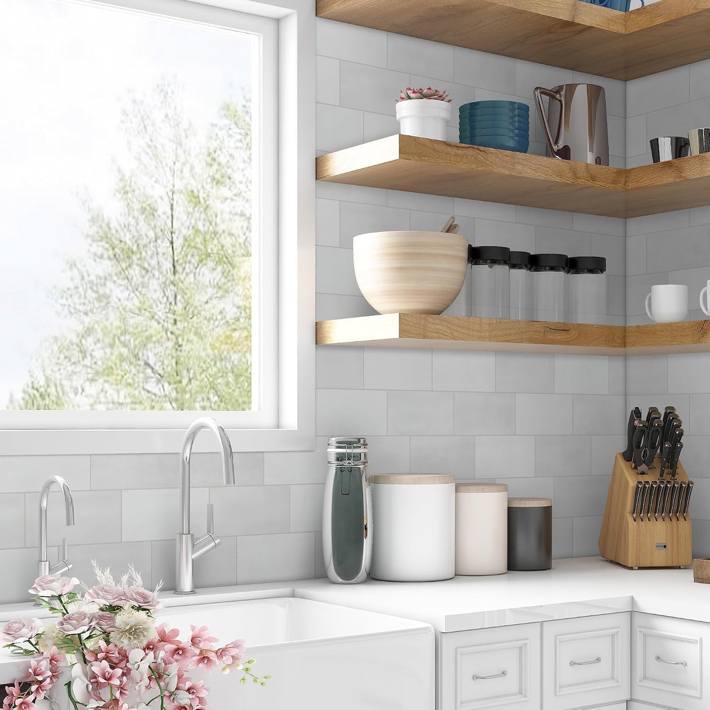 SUNWINGS 100-Sheet Subway Peel and Stick Backsplash Tile, 6" x 3" White Mixed Stone Composite Handmade Looks Self Adhesive Waterproof Wall Tile, Stick on Tiles for Kitchen Bathroom Shower Fireplace