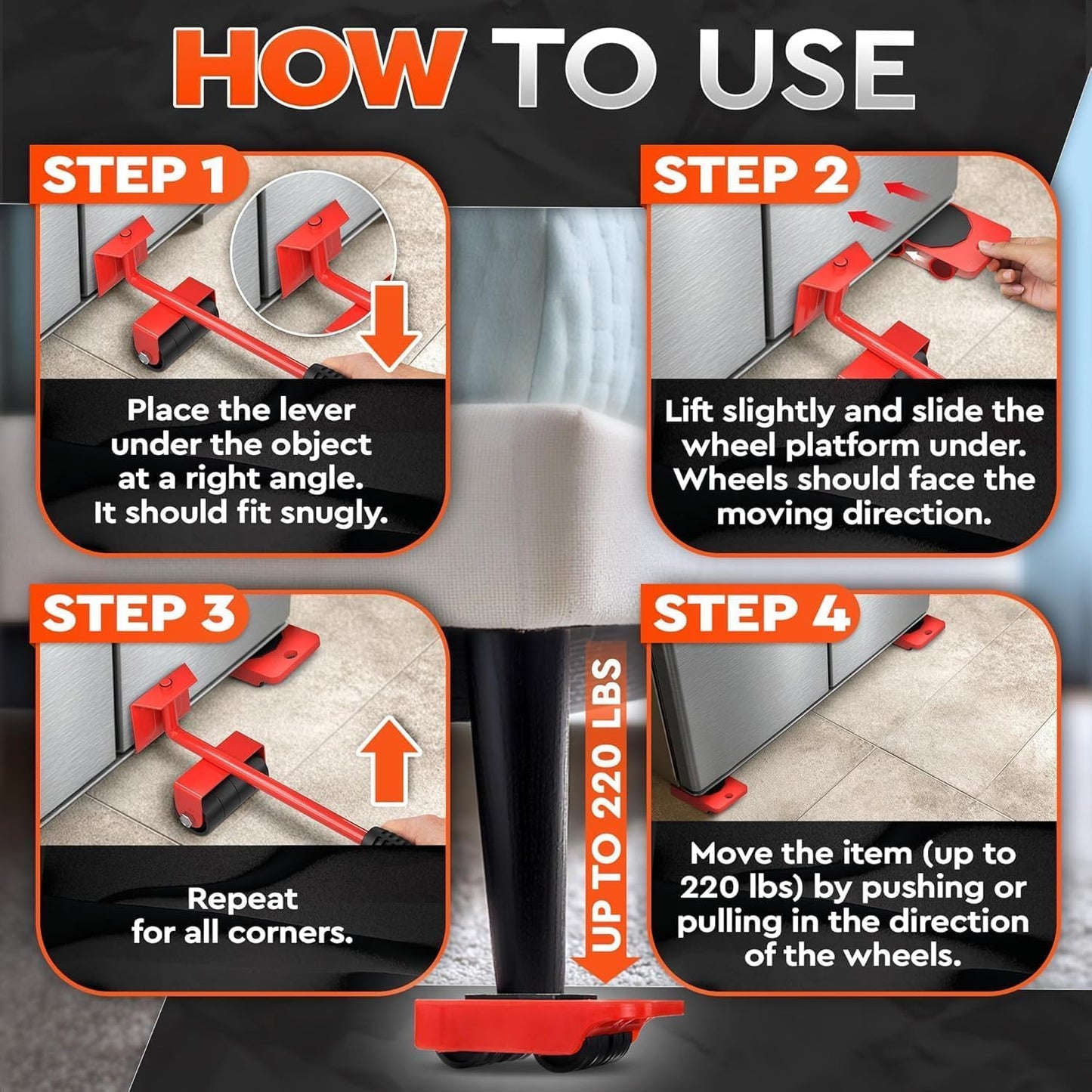 Furniture Lifter Tool & Furniture Moving Sliders Set 360° Rotating Wheels Up to 220 lbs, Refrigerator Movers Sliders with Smooth Glide, Non-Scratch Design for Hardwood Floors, Home & Office Appliances