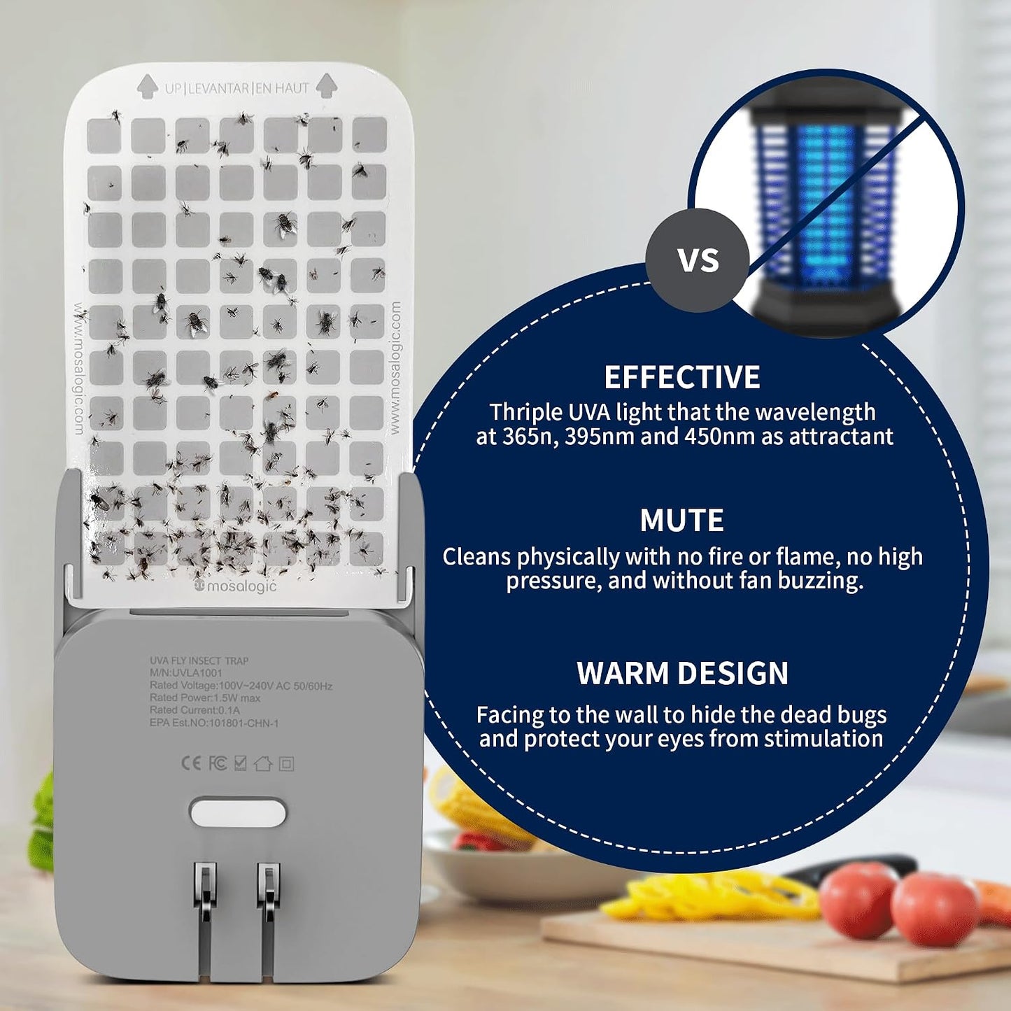 Mosalogic Fruit Fly Traps for House Use Gnat Trap Flying Insect Trapper Plug-in Mosquito Killer Indoor Gnat Moth Catcher Fly Tapper with Night Light UV Attractant Catcher for Home Office White-1PACK