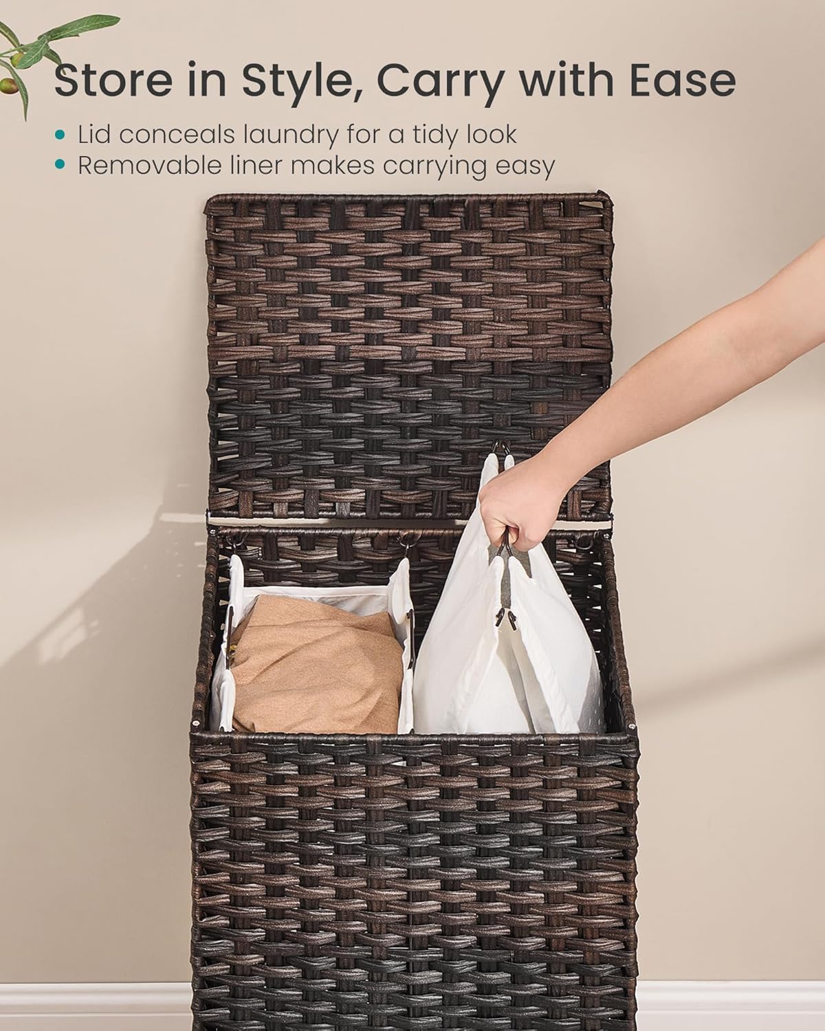 SONGMICS 3-Section Laundry Hamper with Lid, 42.2 Gal (160L) PE Rattan Laundry Basket with Removable Washable Liners, for Bedroom & Living Room, Chestnut Brown ULCB223ME01