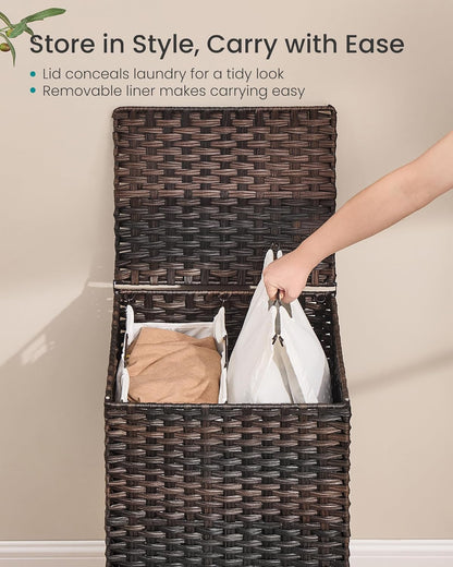 SONGMICS 3-Section Laundry Hamper with Lid, 42.2 Gal (160L) PE Rattan Laundry Basket with Removable Washable Liners, for Bedroom & Living Room, Chestnut Brown ULCB223ME01