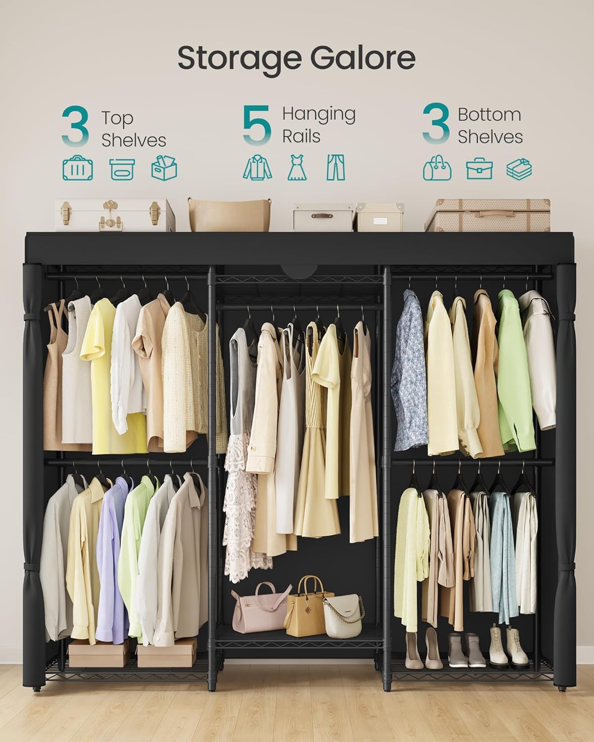 SONGMICS Heavy-Duty Clothes Rack, Garment Rack, Portable Closet, 68.7-Inch Wide Clothing Rack with Adjustable Mesh Shelves and Hanging Rails, Ink Black ULGR433B01