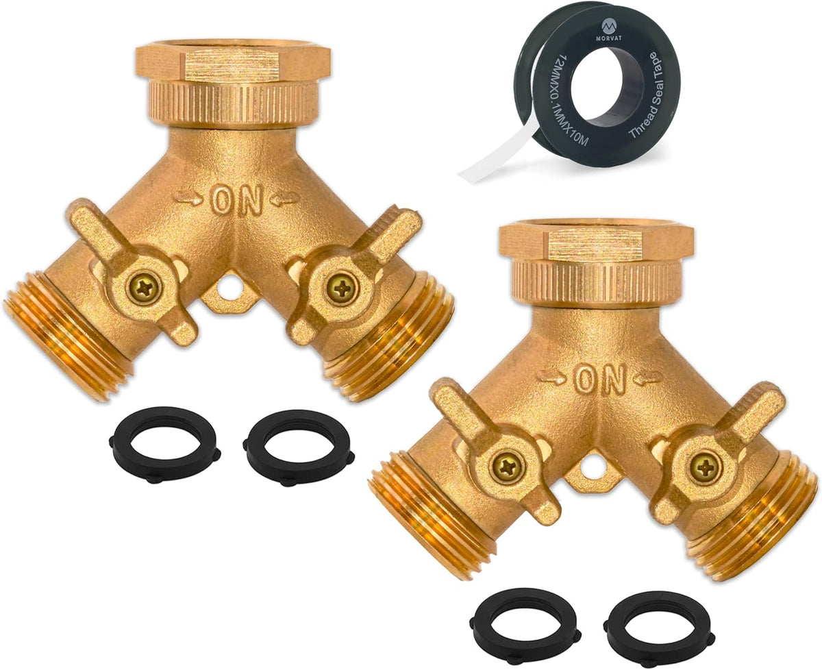 Brass Heavy-Duty Garden Hose Water Splitter | LEAD-FREE 2-Way Y Splitter for Water Spigot & Faucet | Manifold Connector ON/OFF Valves w/Improved Comfort Grip, 3 Extra Washers & Teflon Tape