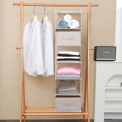Large Hanging Sweater Organizer for Closet,Collapsible 6-Shelf Hanging Closet Shelves with Drawers, Washable (Grey-6 Shelf)
