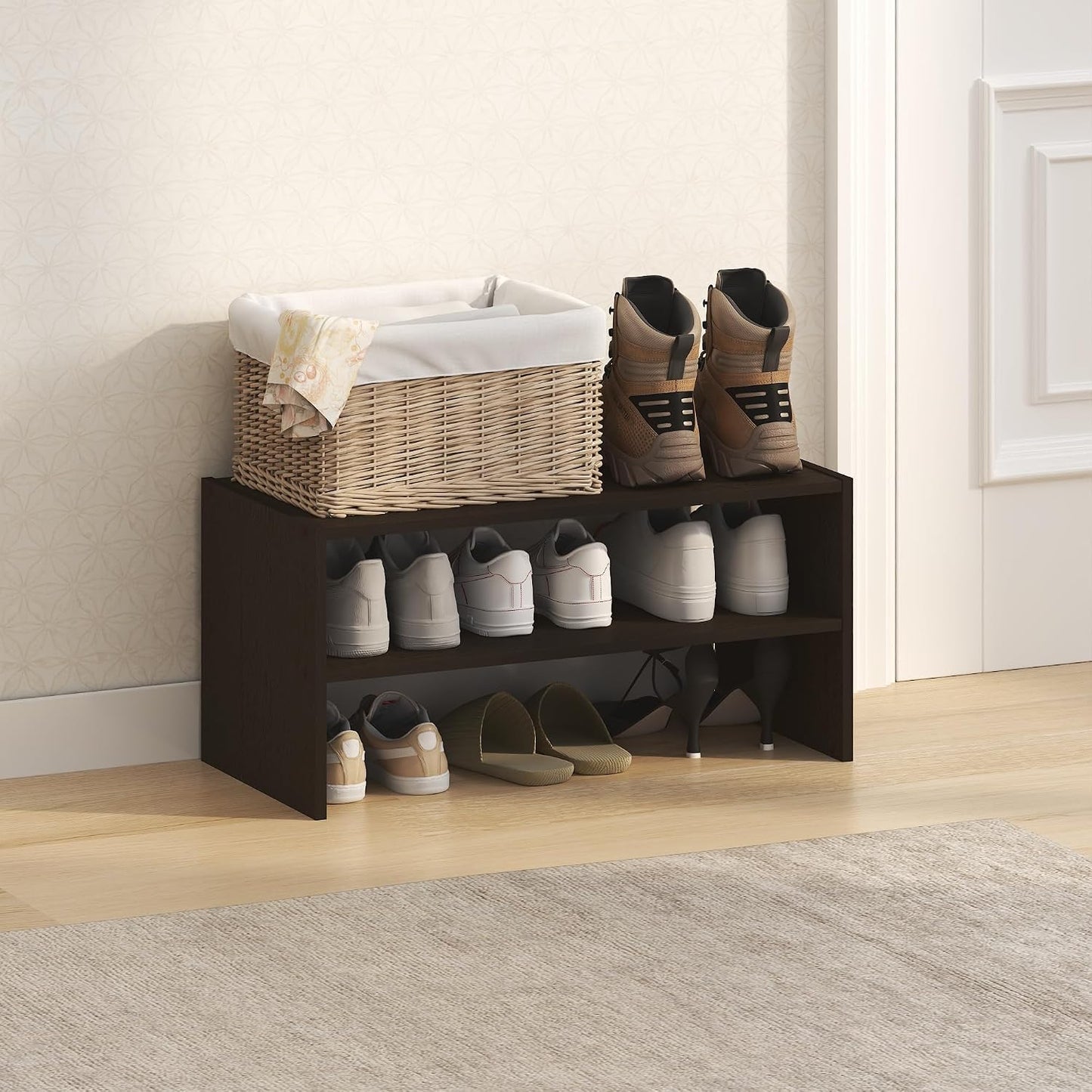 Furinno FANO Shoe Rack, 24-Inch Width 2-Tier Shoe Organizer, Stackable Shoes Storage, 11.7 x 24.2 x 11.7, for Closet Entryway, Office, Garage, Amber Pine