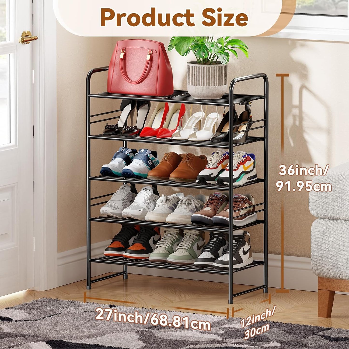 Simple Shoe Rack 2 Tier 27 Inch Wide, Heavy Duty Metal Closet Shoe Organizer Shelf for Entryway, Front Door, Black