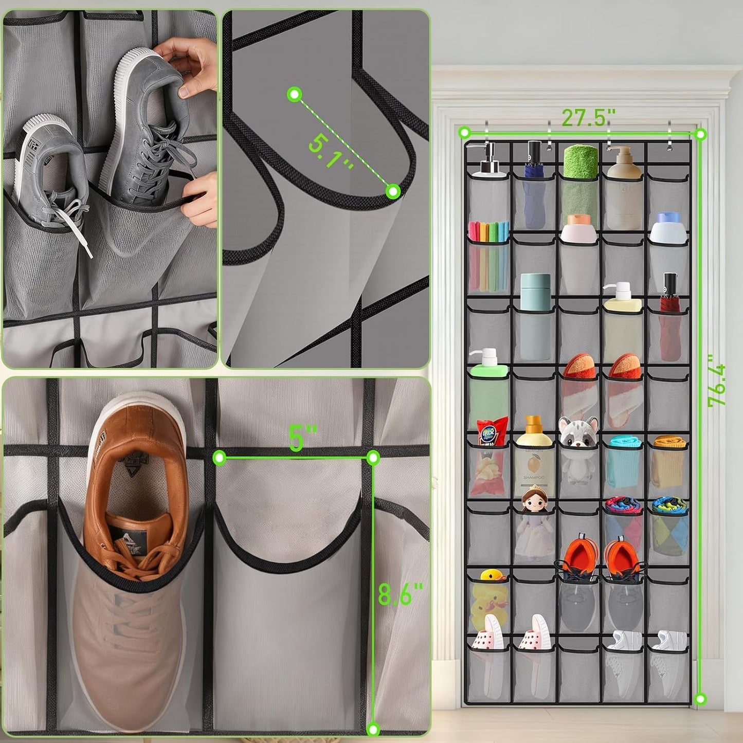 Meolsaek Over Door Shoe Organizer with 24 Breathable Mesh Pockets, Shoe Holder for Door with 4 Metal Hooks, Back of Door Shoe Organizer for Closet, Bedroom, Bathroom, Pantry (Grey - 24)